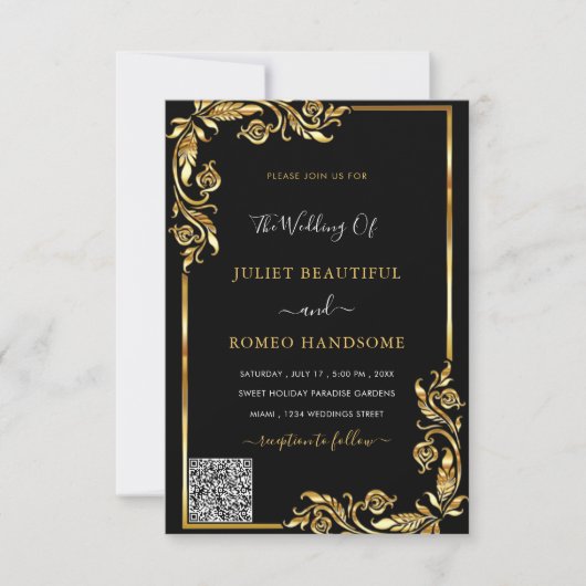 Elegante Black Gold Einladung mit QR-Code (Vorderseite)