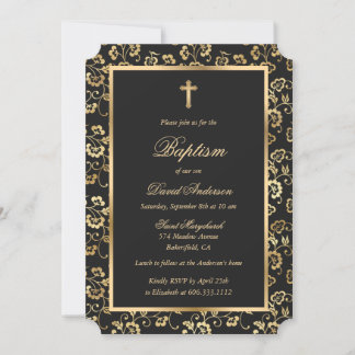 Elegante Black Gold Floral Boy Taufe Einladung