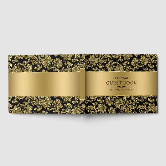 Elegante Black & Gold Floral Damasks Gästebuch (Voll)