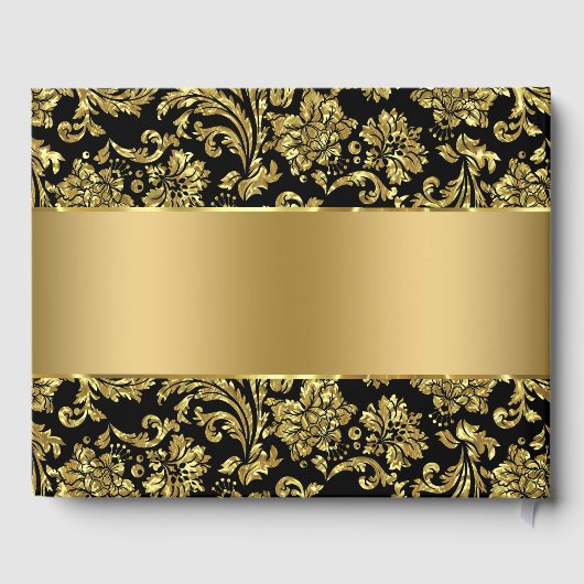 Elegante Black & Gold Floral Damasks Gästebuch (Rückseite)