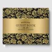 Elegante Black & Gold Floral Damasks Gästebuch (Vorderseite)