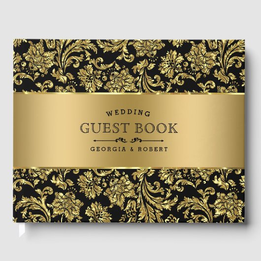 Elegante Black & Gold Floral Damasks Gästebuch (Vorderseite)