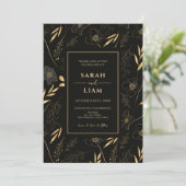 Elegante Black Gold Floral Luxury Romantische Hoch Einladung (Stehend Vorderseite)