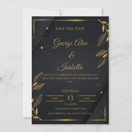 Elegante Black & Gold Floral Save the Date Card (Vorderseite)