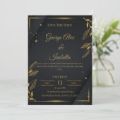 Elegante Black & Gold Floral Save the Date Card (Stehend Vorderseite)