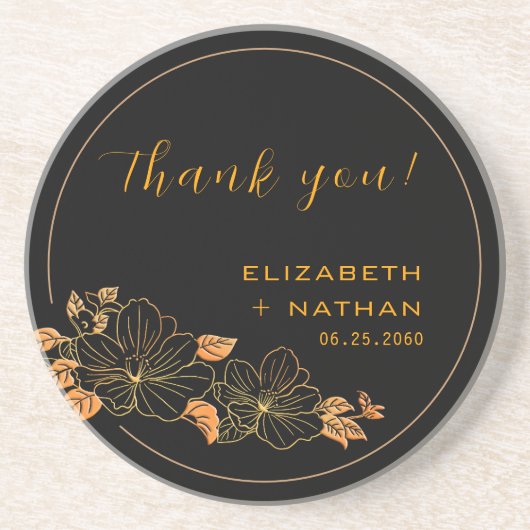 Elegante Black Gold Floral Wedding Vielen Dank für Getränkeuntersetzer (Vorne)