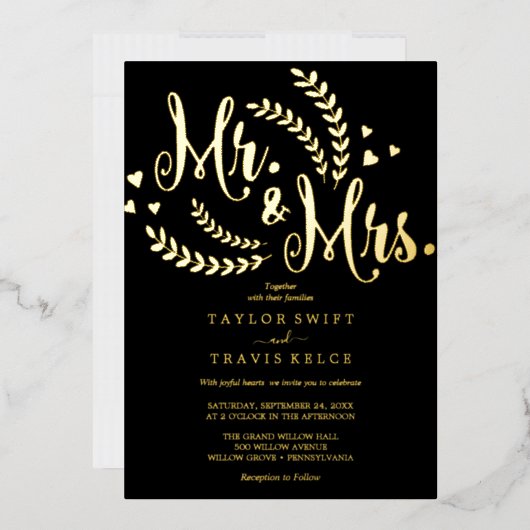 Elegante Black & Gold Foil Mr & Mrs. Wedding Folieneinladung (Briefumschlag)