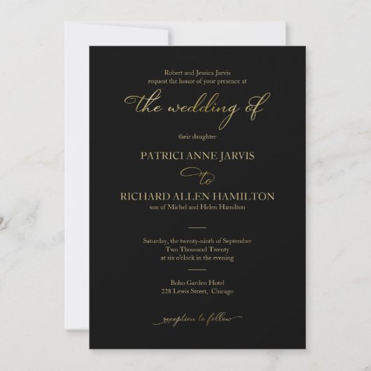 Elegante Black Gold Foil Script Klassische Hochzei Einladung (Vorderseite)