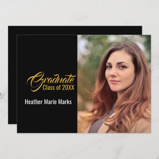 Elegante Black Gold Foto Abschluss Celebration Einladung (Vorne/Hinten)