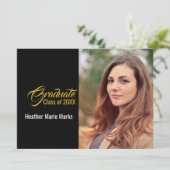 Elegante Black Gold Foto Abschluss Celebration Einladung (Stehend Vorderseite)