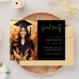 Elegante Black & Gold Foto Grad Party Einladung