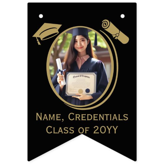 Elegante Black, Gold Foto Graduation Cap, Diploma Wimpelkette (Erste Fahne)