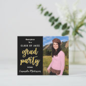 Elegante Black Gold Foto Graduation Party - Einlad Einladungspostkarte (Stehend Vorderseite)