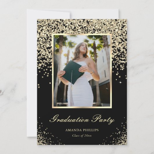 Elegante Black Gold Foto Graduation Party Einladung (Vorderseite)