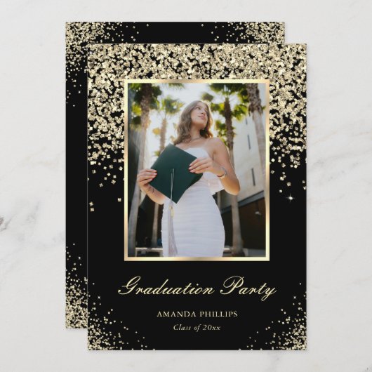 Elegante Black Gold Foto Graduation Party Einladung (Vorne/Hinten)