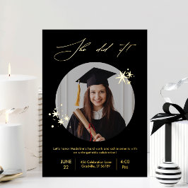 Elegante Black Gold Foto Graduation Party Folieneinladung