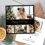 Elegante Black Gold Foto Weihnachtskarte Feiertagskarte<br><div class="desc">Elegante Kalligrafie Minimalistisch Black und Gold 4 Foto Collage Frohe Weihnachts Script Holiday Card. Dieses festliche, mimimalistische, whimsical vier (4) Foto-Urlaubskarte-Template verfügt über eine hübsche Foto-Collage und sagt "Happy Holidays"! Der Begrüßungstext "Happy Holidays" ist in einem schönen, handgeschriebenen Wirblen Swash-Schwanz Schriftart-Typ geschrieben. Auf der Rückseite mit einem Grußtext mit einem...</div>