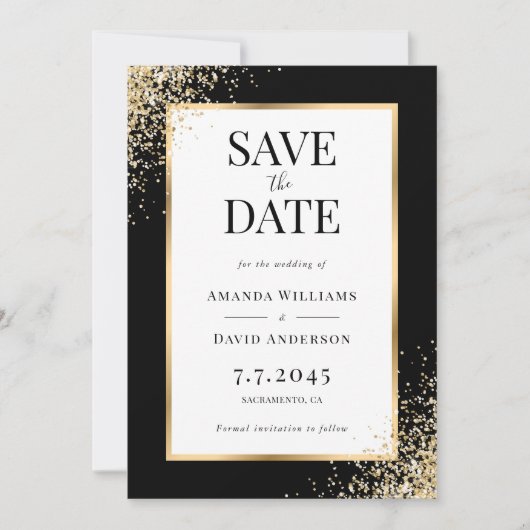 Elegante Black Gold Frame Confetti Wedding Save The Date (Vorderseite)