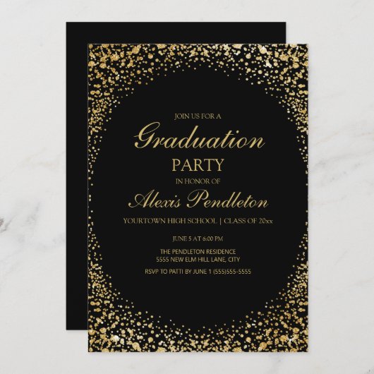 Elegante Black Gold Glitzer Graduation Party Einladung (Vorne/Hinten)