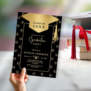Elegante Black & Gold Graduate Hat Graduation Part Einladung