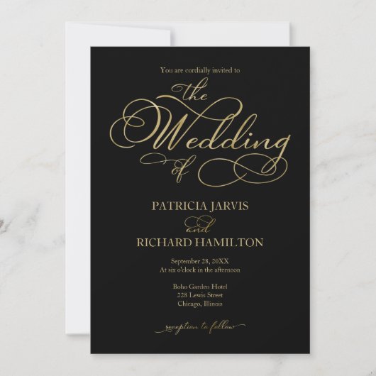 Elegante Black Gold Imitate Foil Script Wedding Einladung (Vorderseite)