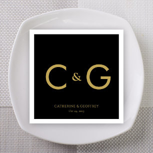 Elegante Black & Gold Initials Monogram Wedding Serviette