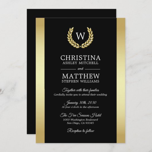 Elegante Black-Gold-Laurel-Wreath-Monogramm-Hochze Einladung (Vorne/Hinten)
