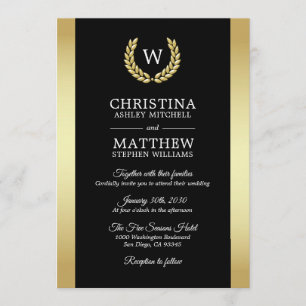 Elegante Black-Gold-Laurel-Wreath-Monogramm-Hochze Einladung