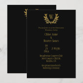 Elegante Black Gold Leaf Chic Monogram Wedding Einladung (Vorne/Hinten)