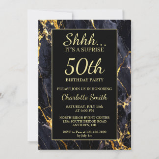 Elegante Black & Gold Marble 50. Geburtstagsparty Einladung