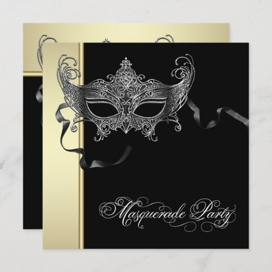 Elegante Black Gold Masquerade Party Einladungen (Vorne/Hinten)