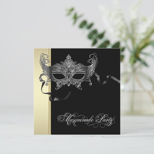 Elegante Black Gold Masquerade Party Einladungen (Stehend Vorderseite)