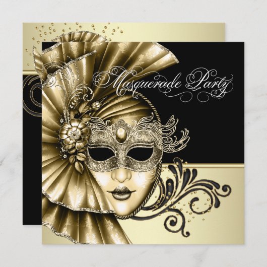 Elegante Black Gold Masquerade Party Einladungen (Vorne/Hinten)