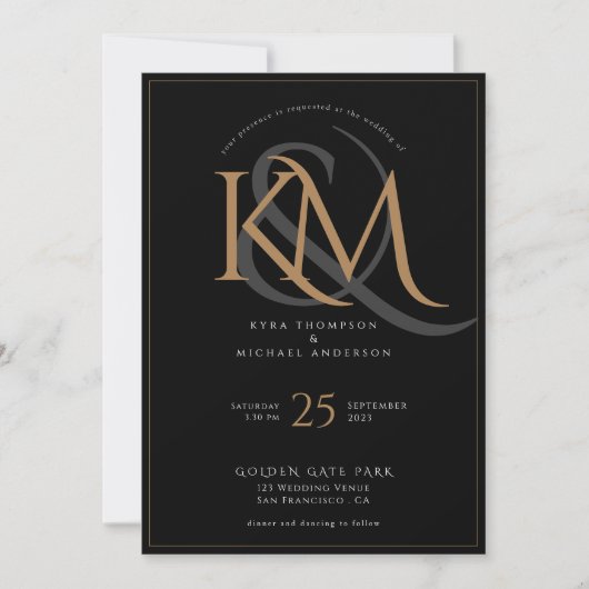 Elegante Black Gold Moderne Script Monogram Weddin Einladung (Vorderseite)