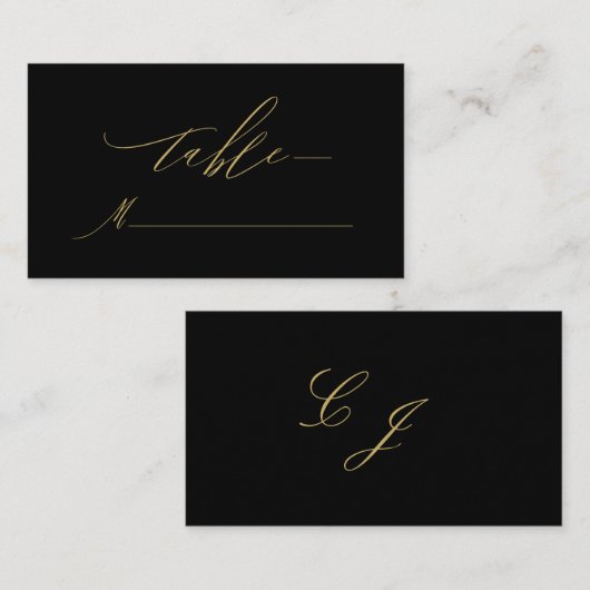 Elegante Black Gold Moderne Script Monogram Weddin Platzkarte (Vorne/Hinten)