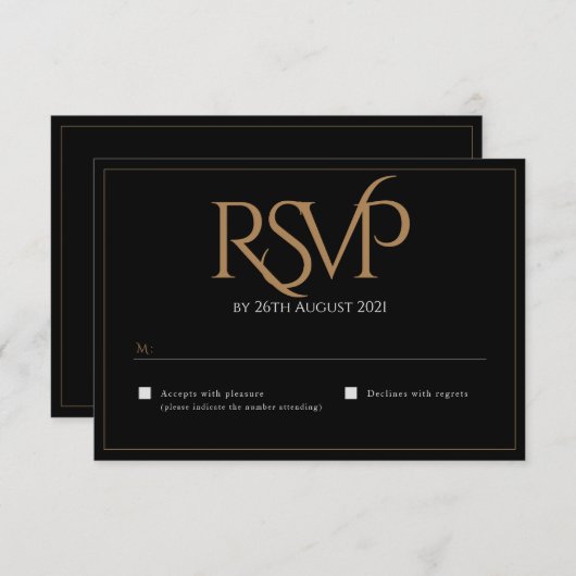 Elegante Black Gold Moderne Script Monogram Weddin RSVP Karte (Vorne/Hinten)