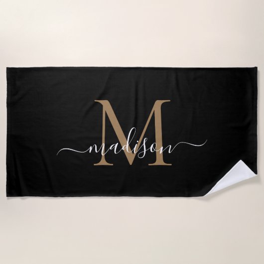 Elegante Black Gold Monogram Feminine Girly Script Strandtuch (Vorderseite)