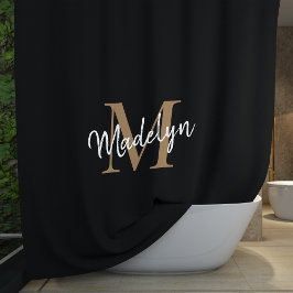 Elegante Black Gold Monogram Feminine Script Name Duschvorhang