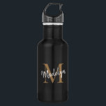 Elegante Black Gold Monogram Feminine Script Name Edelstahlflasche<br><div class="desc">Elegante Black Gold Monogram Feminine Script Name Edelstahl Wasserflasche. Diese elegante Edelstahl-Wasserflasche personalisieren Sie einfach mit Ihrem individuellen Monogramm und Namen.</div>