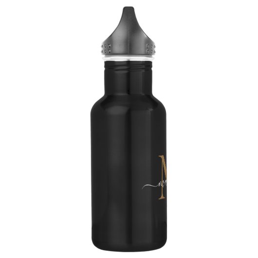 Elegante Black Gold Monogram Feminine Script Name Edelstahlflasche (Links)