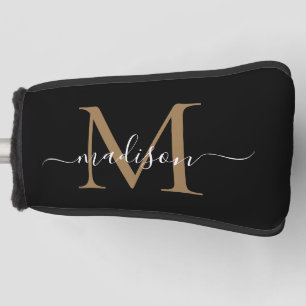 Elegante Black Gold Monogram Feminine Script Name Golf Headcover