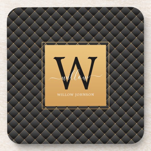 Elegante Black Gold Monogram, Initial Script Moder Getränkeuntersetzer (Vorderseite)