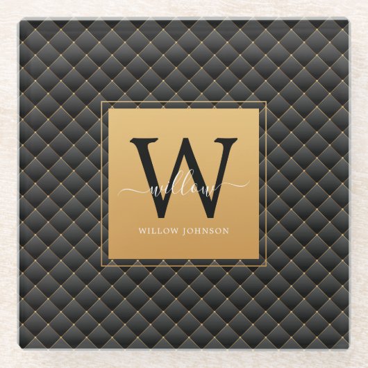 Elegante Black Gold Monogram, Initial Script Moder Glasuntersetzer (Vorderseite)