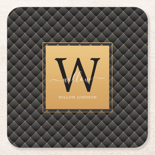 Elegante Black Gold Monogram, Initial Script Moder Rechteckiger Pappuntersetzer (Vorderseite)