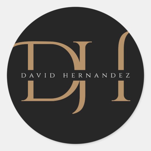 Elegante Black Gold Monogram Initials Moderne Cust Runder Aufkleber (Vorderseite)
