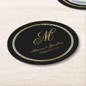 Elegante Black Gold Monogram Script Black Wedding Runder Pappuntersetzer (Angewinkelt)