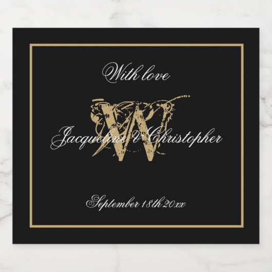 Elegante Black & Gold Monogram Script Chic Wedding Schaumweinetikett (Einzelnes Label)