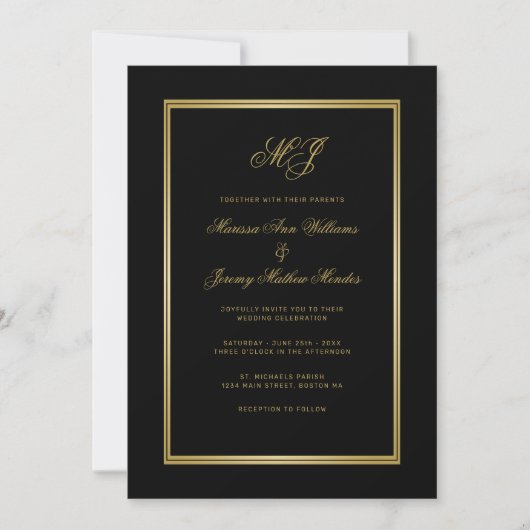 Elegante Black Gold Monogram Script Hochzeit Einladung (Vorderseite)