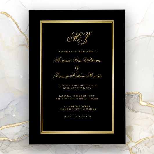 Elegante Black Gold Monogram Script Hochzeit Einladung