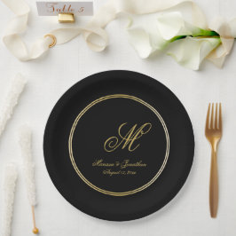 Elegante Black Gold Monogram Script Hochzeit Pappteller